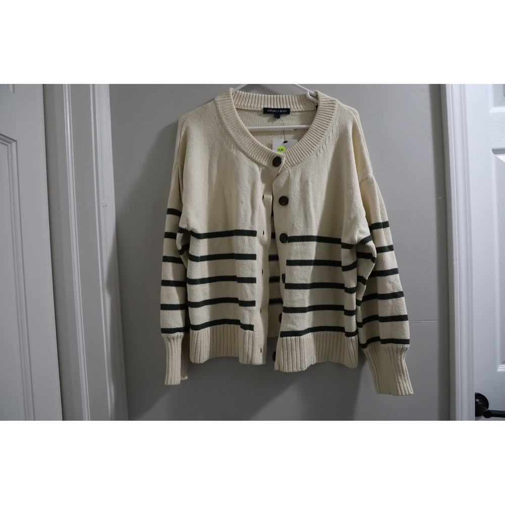 VERONICA BEARD Cream Striped Long Sleeve Button Front Cardigan Sweater Size L